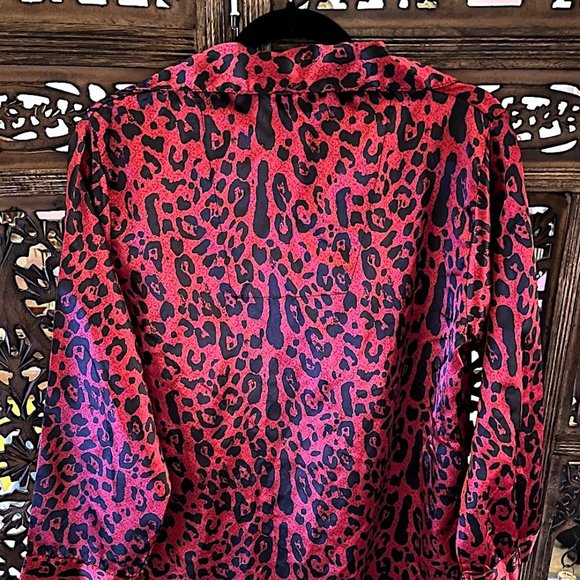 FASHION RED AND BLACK LEOPARD ANIMAL PRINT BUTTONDOWN LONG SLEEVE PAJAMA TOP MED - Picture 3 of 4